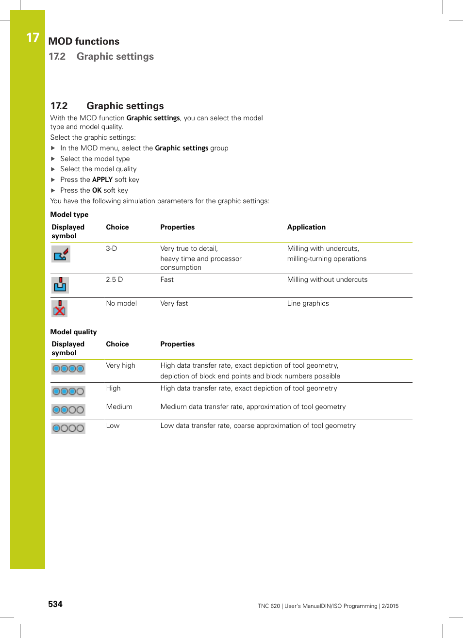 2 graphic settings, Tings" ("graphic settings, Graphic settings | Mod functions 17.2 graphic settings | HEIDENHAIN TNC 620 (81760x-02) ISO programming User Manual | Page 534 / 629