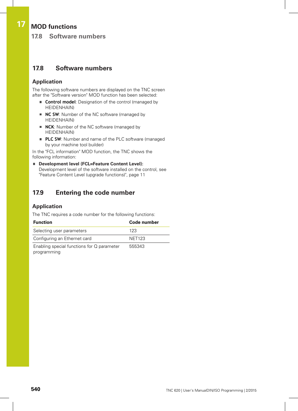 8 software numbers, Application, 9 entering the code number | Software numbers, Entering the code number, Mod functions 17.8 software numbers | HEIDENHAIN TNC 620 (81760x-02) ISO programming User Manual | Page 540 / 629