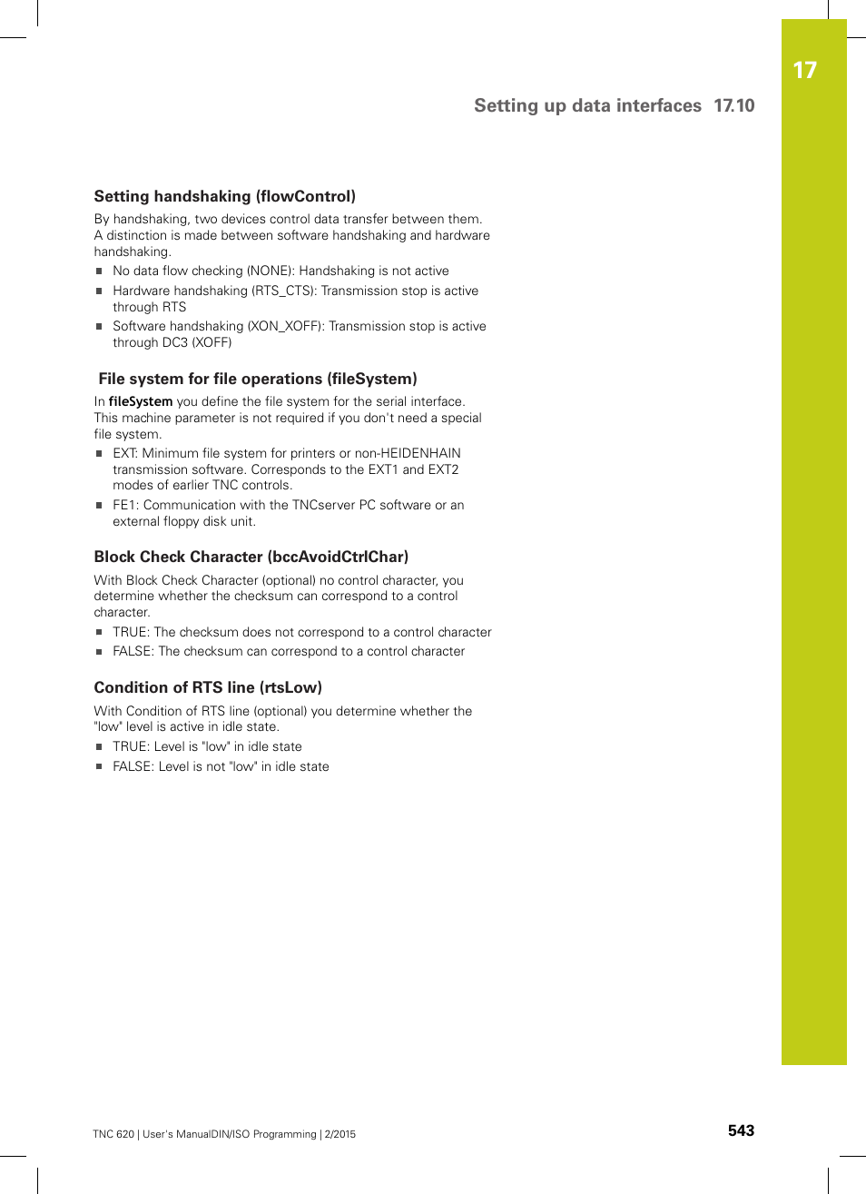 Setting handshaking (flowcontrol), File system for file operations (filesystem), Block check character (bccavoidctrlchar) | Condition of rts line (rtslow), Setting up data interfaces 17.10 | HEIDENHAIN TNC 620 (81760x-02) ISO programming User Manual | Page 543 / 629
