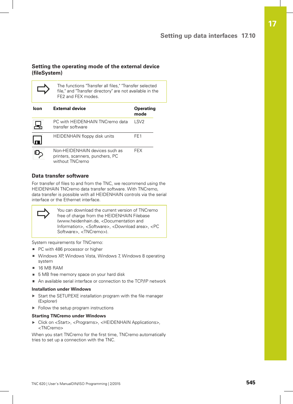 Data transfer software, Setting up data interfaces 17.10 | HEIDENHAIN TNC 620 (81760x-02) ISO programming User Manual | Page 545 / 629
