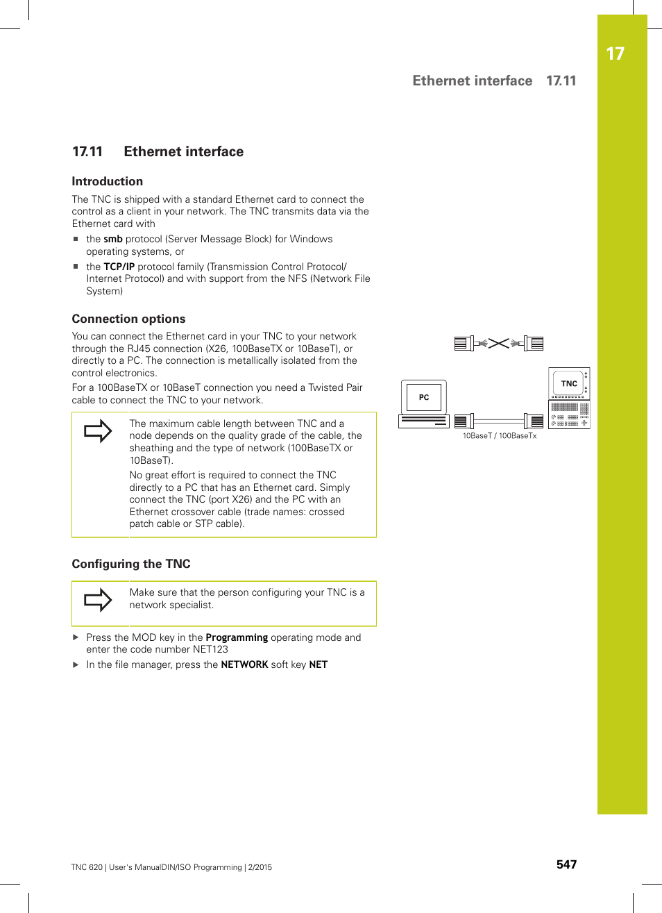 11 ethernet interface, Introduction, Connection options | Configuring the tnc, Ethernet interface, Ethernet interface 17.11 | HEIDENHAIN TNC 620 (81760x-02) ISO programming User Manual | Page 547 / 629