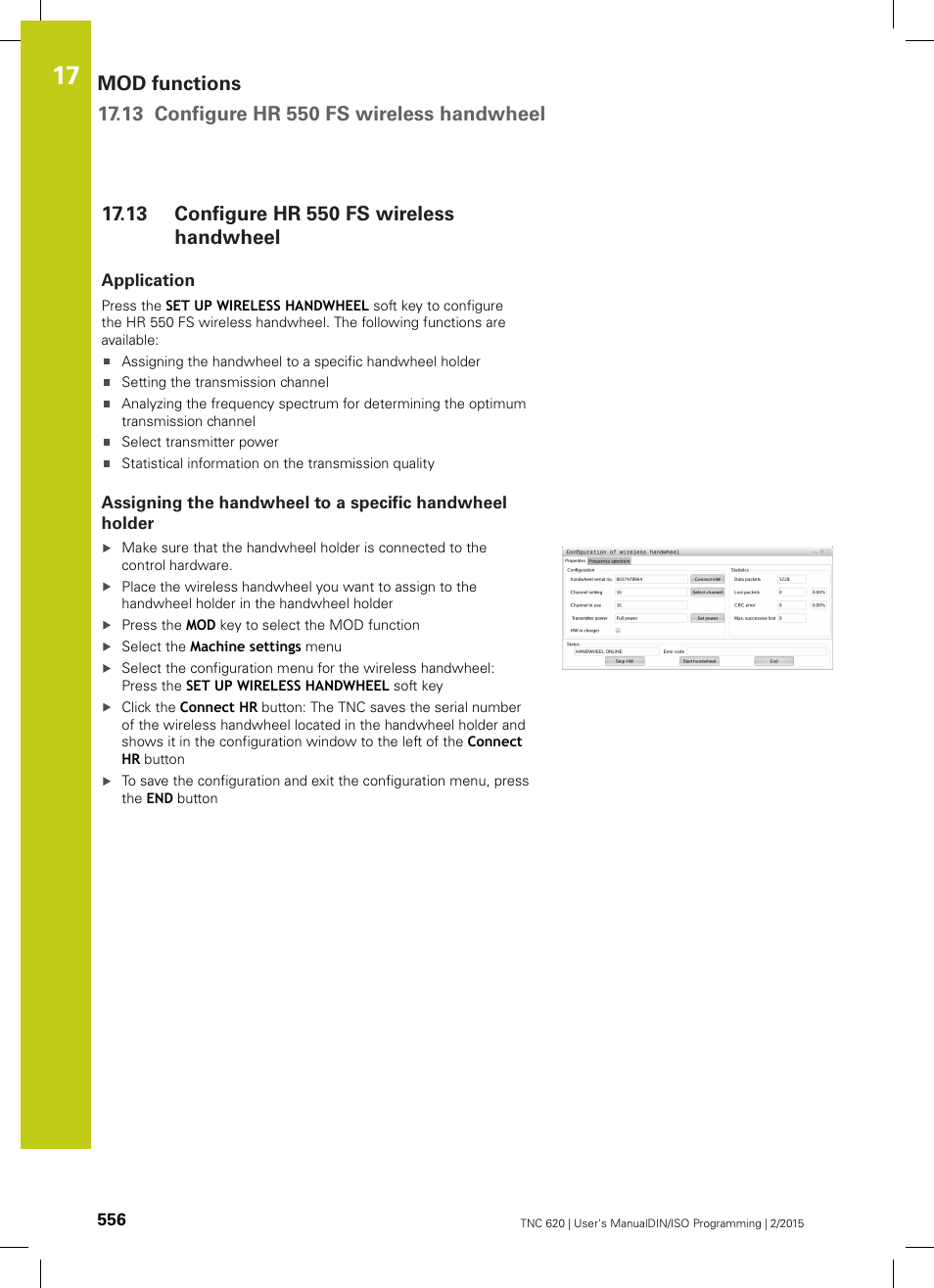 13 configure hr 550 fs wireless handwheel, Application, Configure hr 550 fs wireless handwheel | HEIDENHAIN TNC 620 (81760x-02) ISO programming User Manual | Page 556 / 629