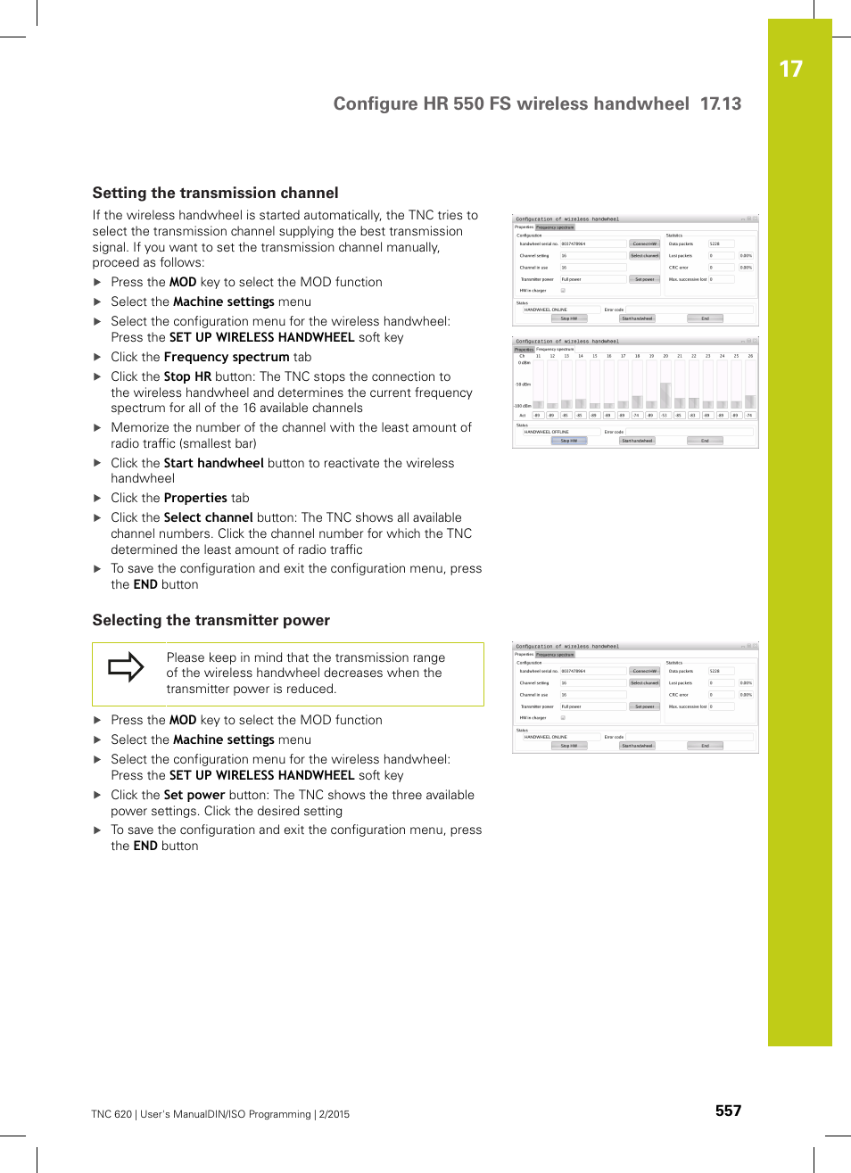Setting the transmission channel, Selecting the transmitter power | HEIDENHAIN TNC 620 (81760x-02) ISO programming User Manual | Page 557 / 629