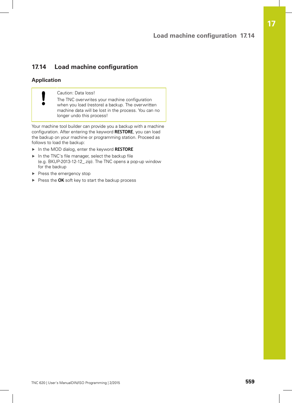 14 load machine configuration, Application, Load machine configuration | Load machine configuration 17.14 | HEIDENHAIN TNC 620 (81760x-02) ISO programming User Manual | Page 559 / 629