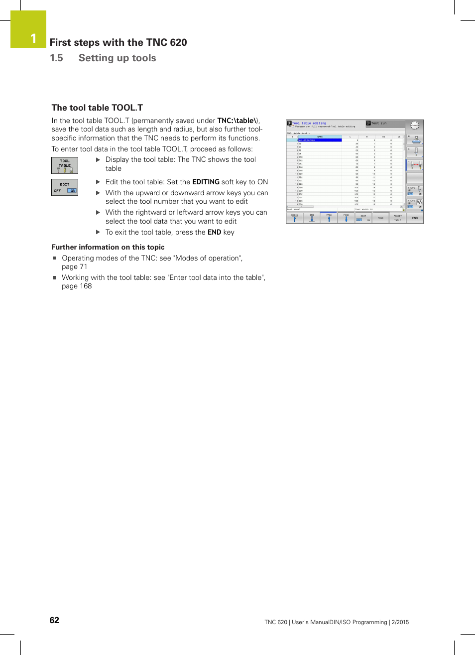 The tool table tool.t | HEIDENHAIN TNC 620 (81760x-02) ISO programming User Manual | Page 62 / 629