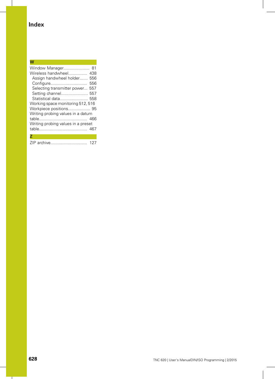 Index | HEIDENHAIN TNC 620 (81760x-02) ISO programming User Manual | Page 628 / 629