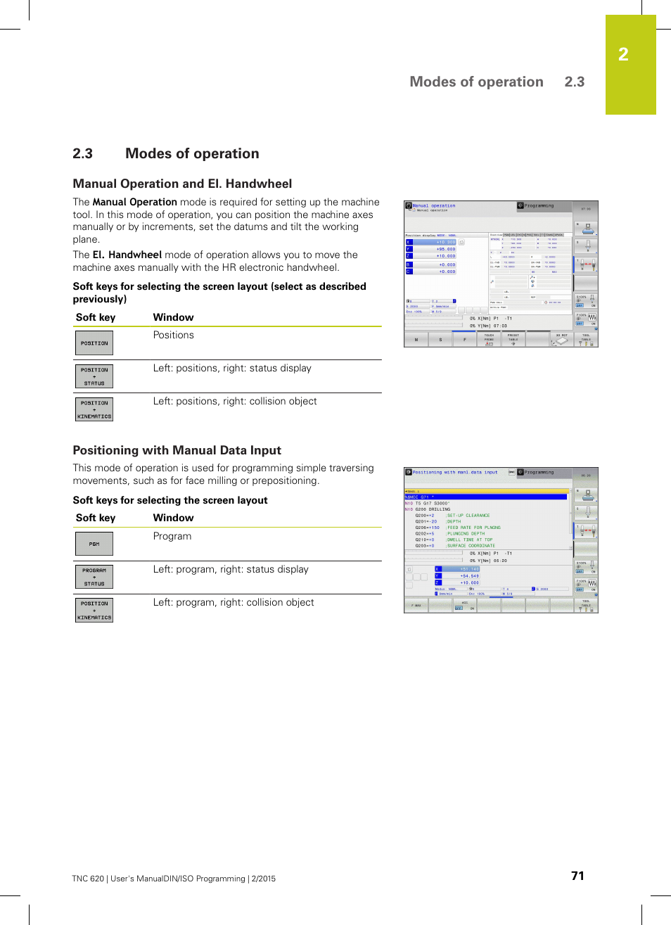 3 modes of operation, Manual operation and el. handwheel, Positioning with manual data input | Modes of operation, Modes of operation 2.3 | HEIDENHAIN TNC 620 (81760x-02) ISO programming User Manual | Page 71 / 629