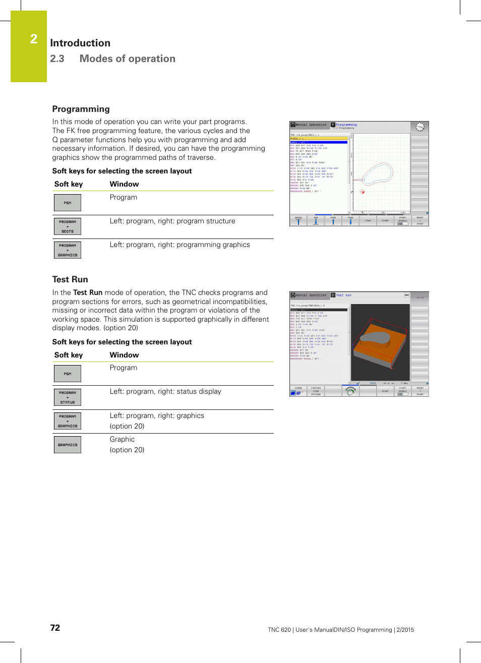 Programming, Test run, Introduction 2.3 modes of operation | HEIDENHAIN TNC 620 (81760x-02) ISO programming User Manual | Page 72 / 629