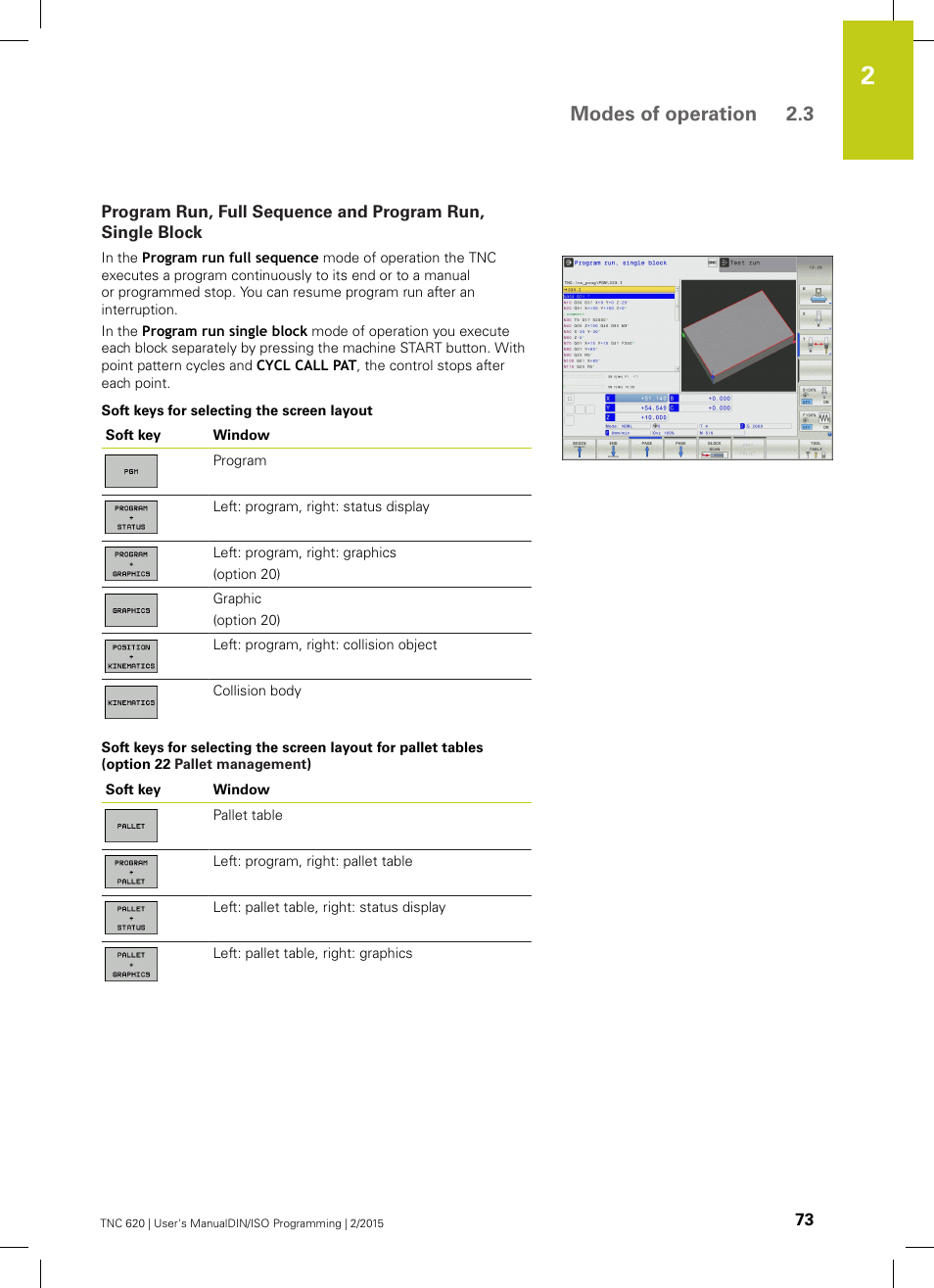 Modes of operation 2.3 | HEIDENHAIN TNC 620 (81760x-02) ISO programming User Manual | Page 73 / 629