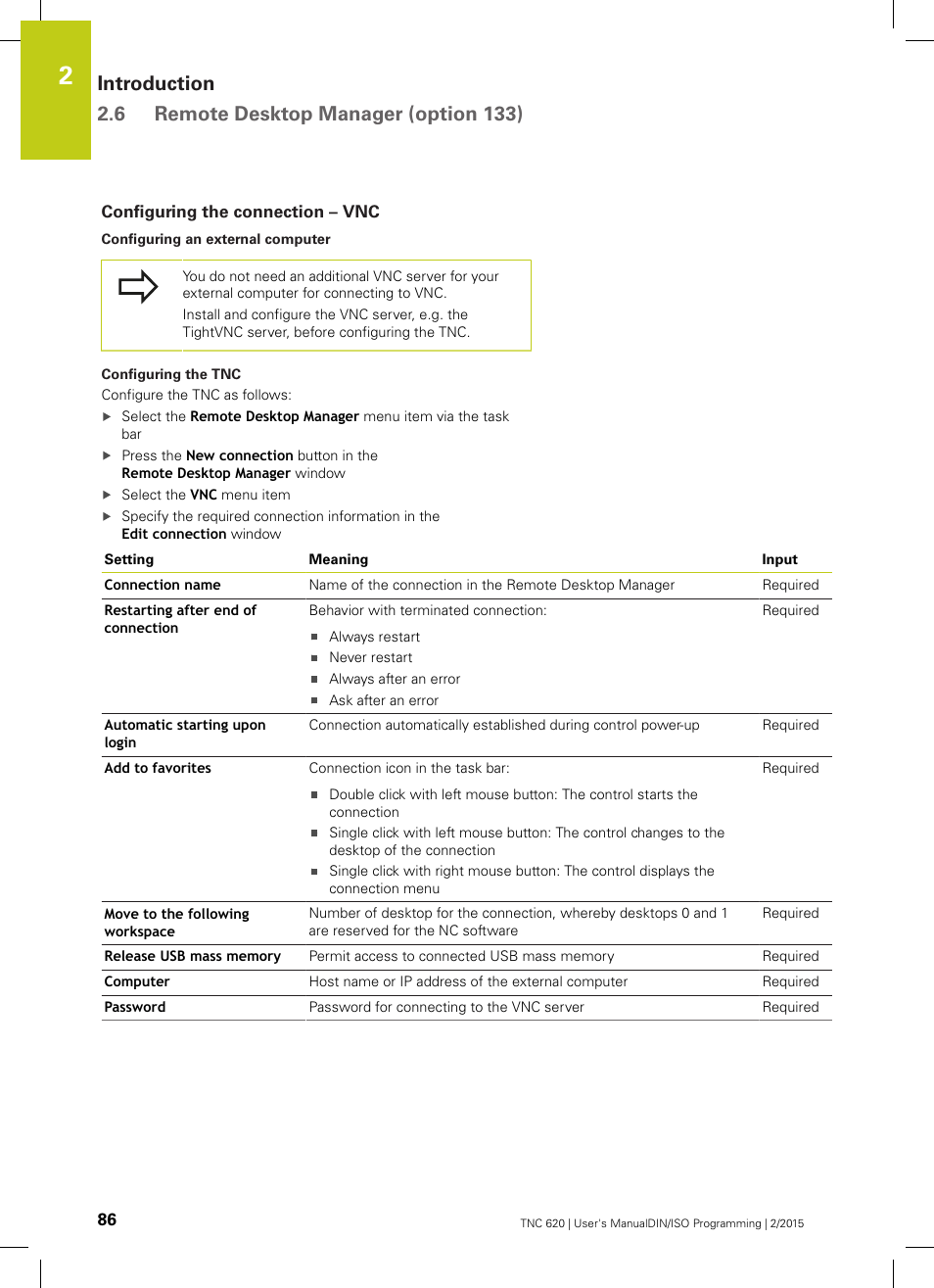 Configuring the connection – vnc | HEIDENHAIN TNC 620 (81760x-02) ISO programming User Manual | Page 86 / 629