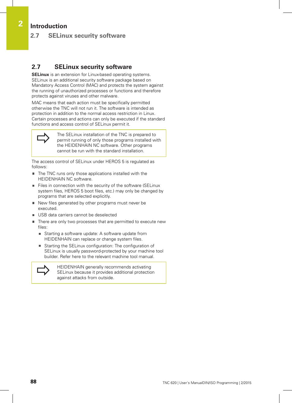 7 selinux security software, Selinux security software, Introduction 2.7 selinux security software | HEIDENHAIN TNC 620 (81760x-02) ISO programming User Manual | Page 88 / 629