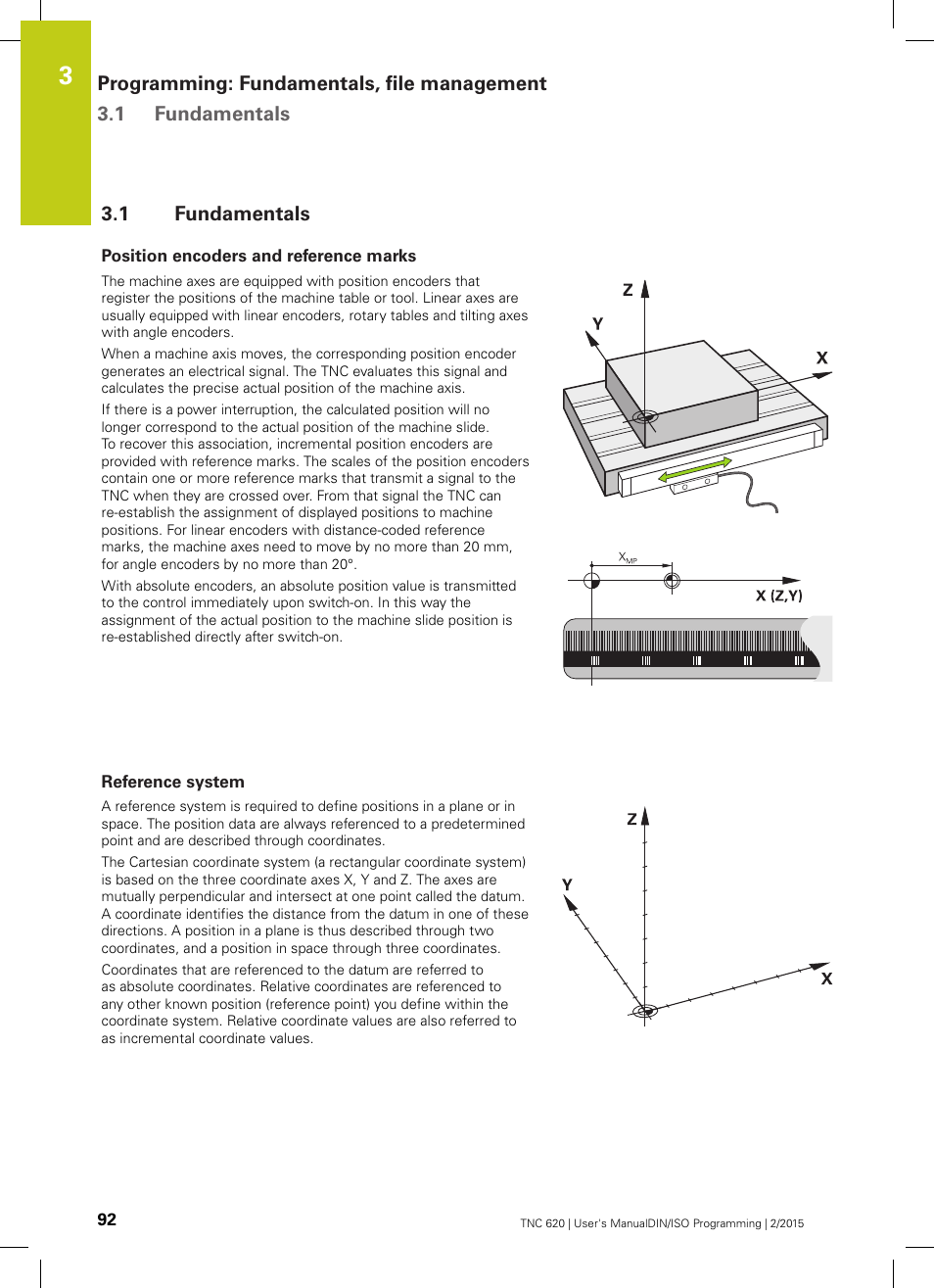 1 fundamentals, Position encoders and reference marks, Reference system | Fundamentals | HEIDENHAIN TNC 620 (81760x-02) ISO programming User Manual | Page 92 / 629