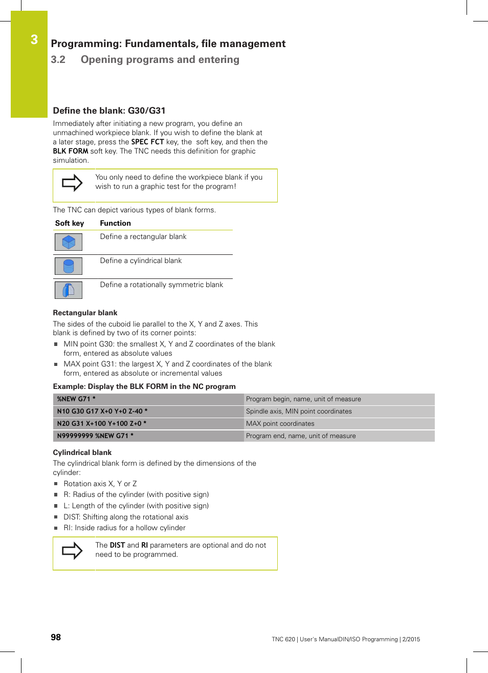 Define the blank: g30/g31 | HEIDENHAIN TNC 620 (81760x-02) ISO programming User Manual | Page 98 / 629