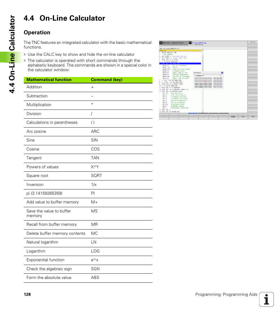 4 on-line calculator, Operation, 4 on-line calculat or 4.4 on-line calculator | HEIDENHAIN TNC 640 (34059x-01) User Manual | Page 128 / 589