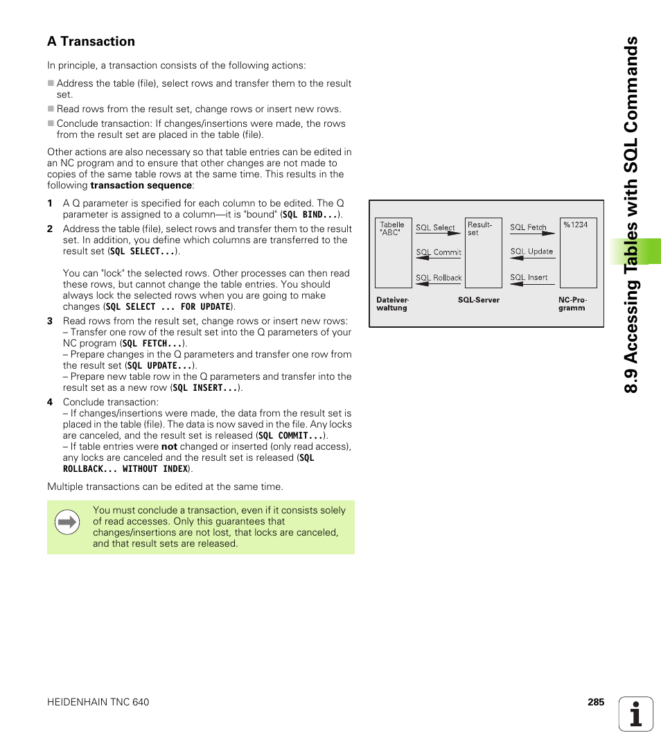 A transaction, 9 a c cessing t a bles with sql commands | HEIDENHAIN TNC 640 (34059x-01) User Manual | Page 285 / 589