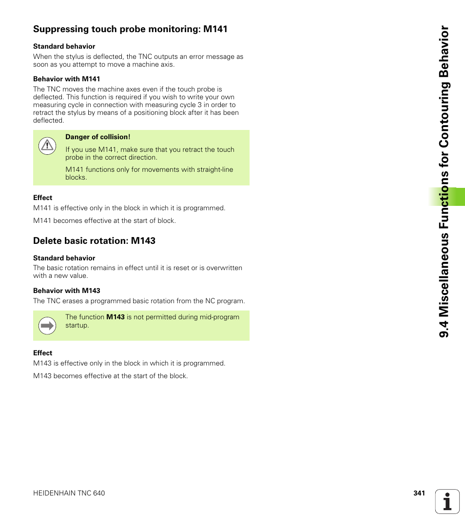 Suppressing touch probe monitoring: m141, Delete basic rotation: m143 | HEIDENHAIN TNC 640 (34059x-01) User Manual | Page 341 / 589