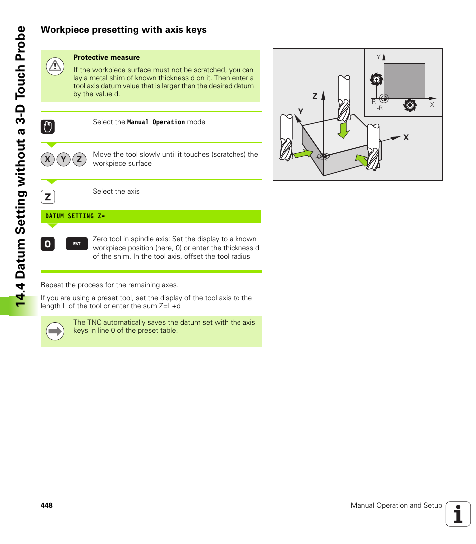 Workpiece presetting with axis keys, 4 d a tu m set ting without a 3-d t ouc h pr obe | HEIDENHAIN TNC 640 (34059x-01) User Manual | Page 448 / 589