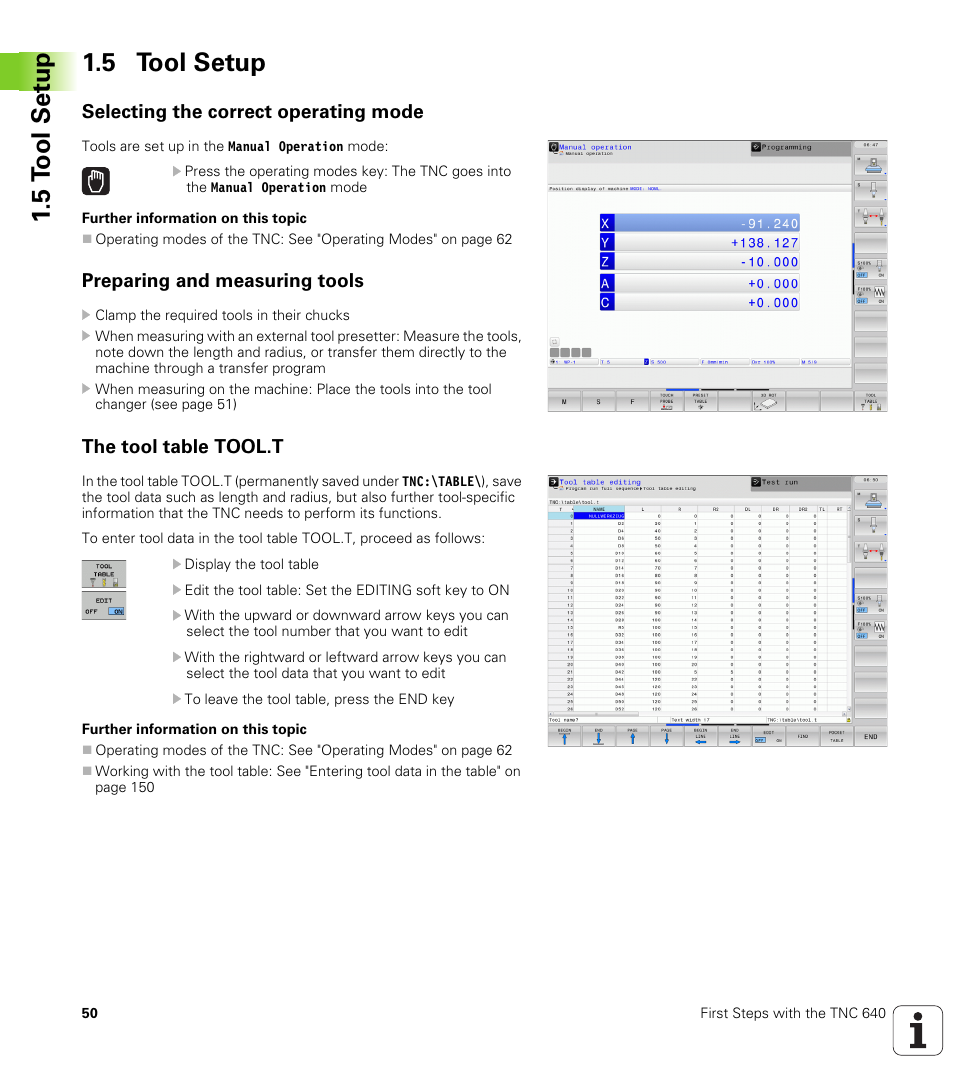 5 tool setup, Selecting the correct operating mode, Preparing and measuring tools | The tool table tool.t | HEIDENHAIN TNC 640 (34059x-01) User Manual | Page 50 / 589