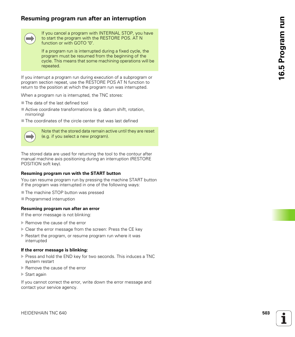 Resuming program run after an interruption, 5 pr ogr am r u n | HEIDENHAIN TNC 640 (34059x-01) User Manual | Page 503 / 589