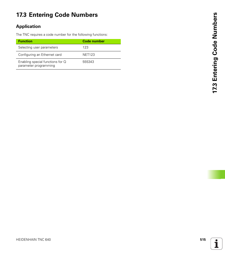 3 entering code numbers, Application | HEIDENHAIN TNC 640 (34059x-01) User Manual | Page 515 / 589