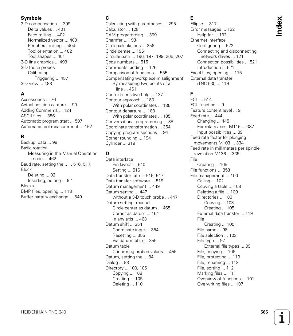 Index | HEIDENHAIN TNC 640 (34059x-01) User Manual | Page 585 / 589