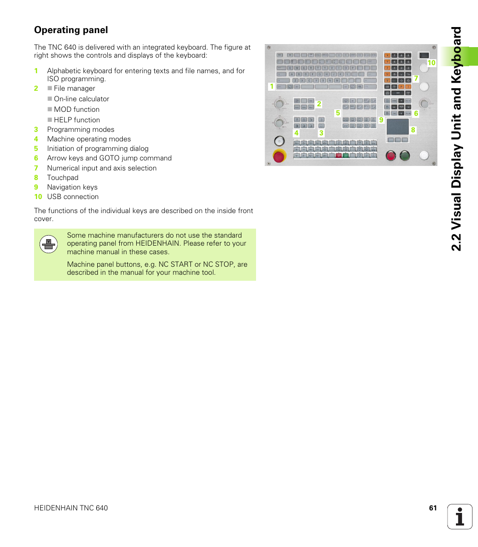 Operating panel, 2 v isual displa y unit and k e yboar d | HEIDENHAIN TNC 640 (34059x-01) User Manual | Page 61 / 589