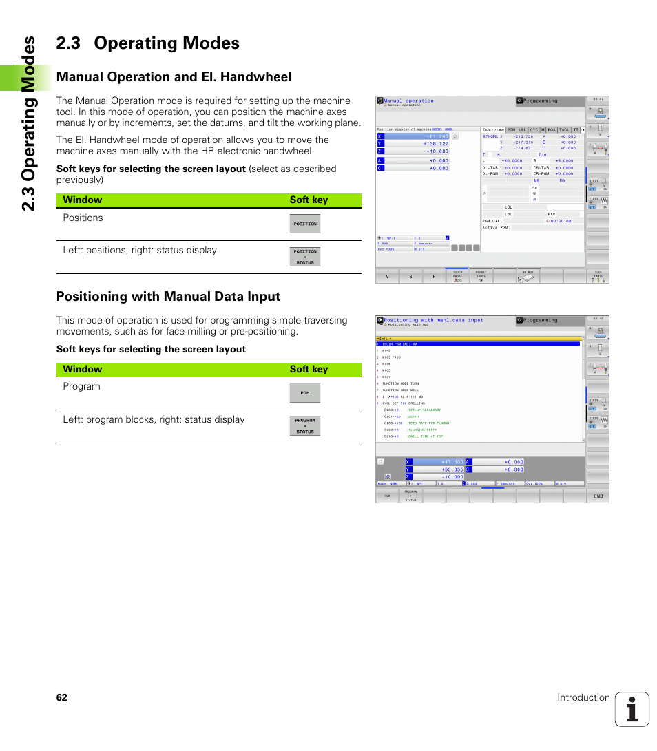 3 operating modes, Manual operation and el. handwheel, Positioning with manual data input | 3 oper ating modes 2.3 operating modes | HEIDENHAIN TNC 640 (34059x-01) User Manual | Page 62 / 589