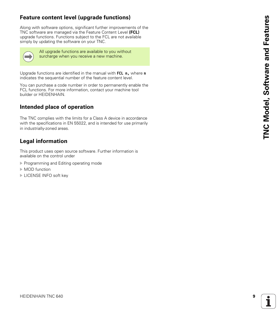 Feature content level (upgrade functions), Intended place of operation, Legal information | Tnc model, sof tw a re and f eat ur es | HEIDENHAIN TNC 640 (34059x-01) User Manual | Page 9 / 589