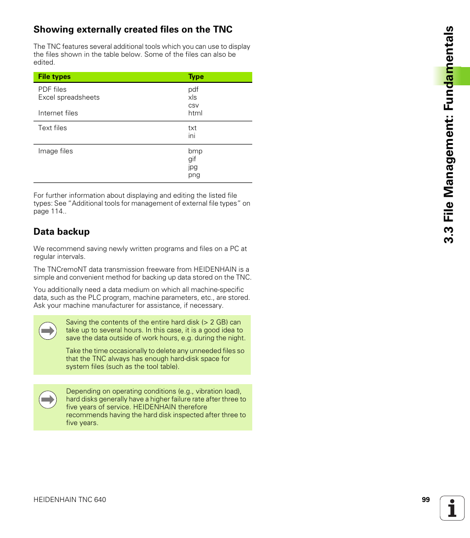 Showing externally created files on the tnc, Data backup, 3 file manag e ment: f undamentals | HEIDENHAIN TNC 640 (34059x-01) User Manual | Page 99 / 589