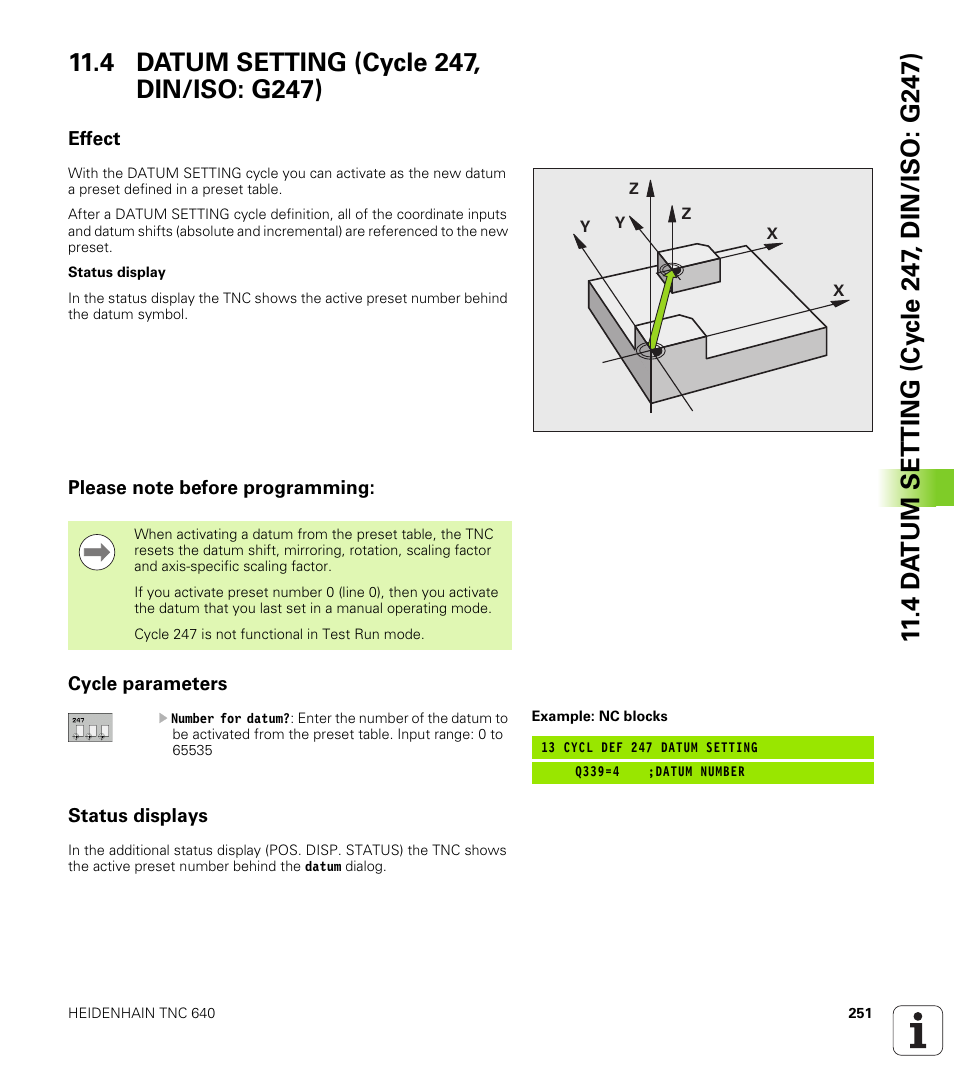 4 datum setting (cycle 247, din/iso: g247), Effect, Please note before programming | Cycle parameters, Status displays | HEIDENHAIN TNC 640 (34059x-01) Cycle programming User Manual | Page 251 / 549