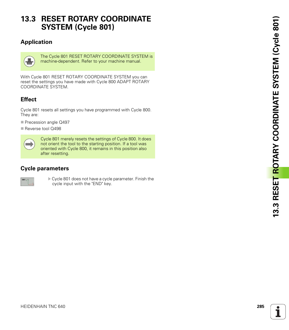 3 reset rotary coordinate system (cycle 801), Application, Effect | Cycle parameters, Reset rotary coordinate system (cycle 801) | HEIDENHAIN TNC 640 (34059x-01) Cycle programming User Manual | Page 285 / 549
