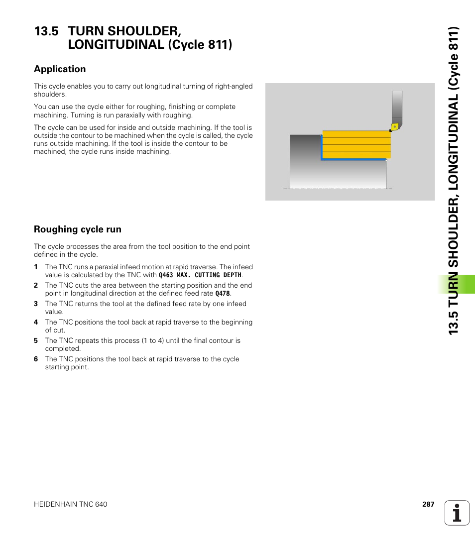 5 turn shoulder, longitudinal (cycle 811), Application, Roughing cycle run | Turn shoulder, longitudinal (cycle 811) | HEIDENHAIN TNC 640 (34059x-01) Cycle programming User Manual | Page 287 / 549