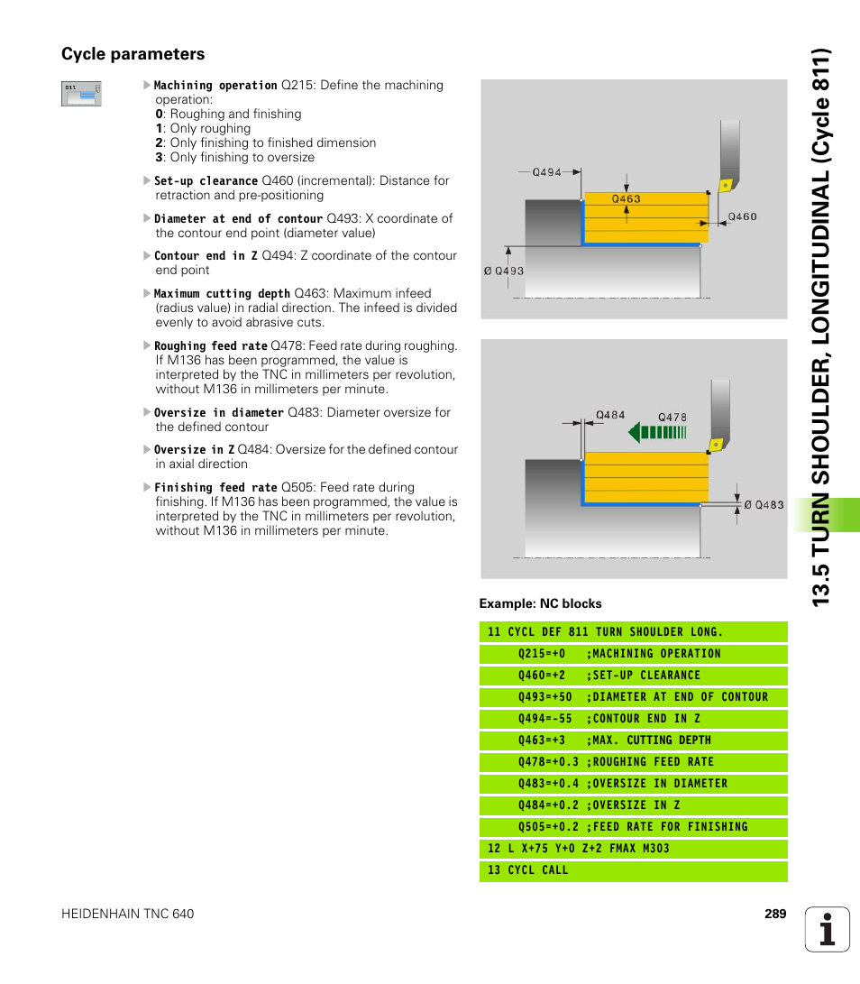 Cycle parameters, 5 turn shoulder, l o ngitudinal (cy c le 81 1) | HEIDENHAIN TNC 640 (34059x-01) Cycle programming User Manual | Page 289 / 549