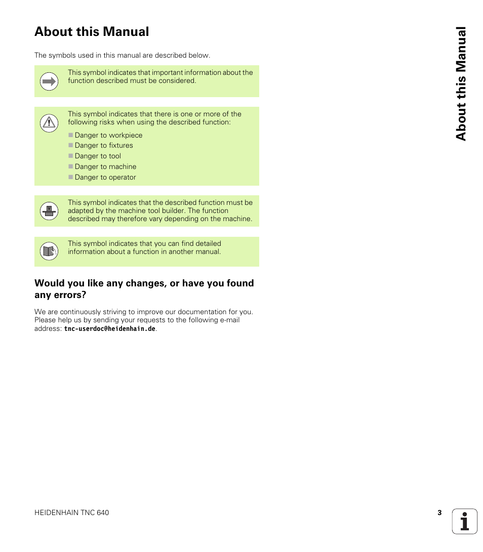 About this manual | HEIDENHAIN TNC 640 (34059x-01) Cycle programming User Manual | Page 3 / 549