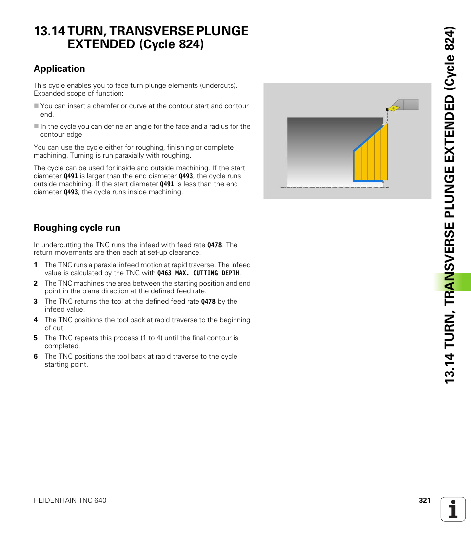 14 turn, transverse plunge extended (cycle 824), Application, Roughing cycle run | Turn, transverse plunge extended (cycle 824) | HEIDENHAIN TNC 640 (34059x-01) Cycle programming User Manual | Page 321 / 549
