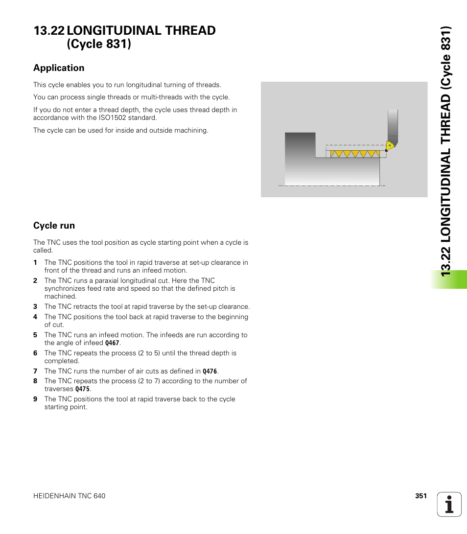 22 longitudinal thread (cycle 831), Application, Cycle run | Longitudinal thread (cycle 831) | HEIDENHAIN TNC 640 (34059x-01) Cycle programming User Manual | Page 351 / 549