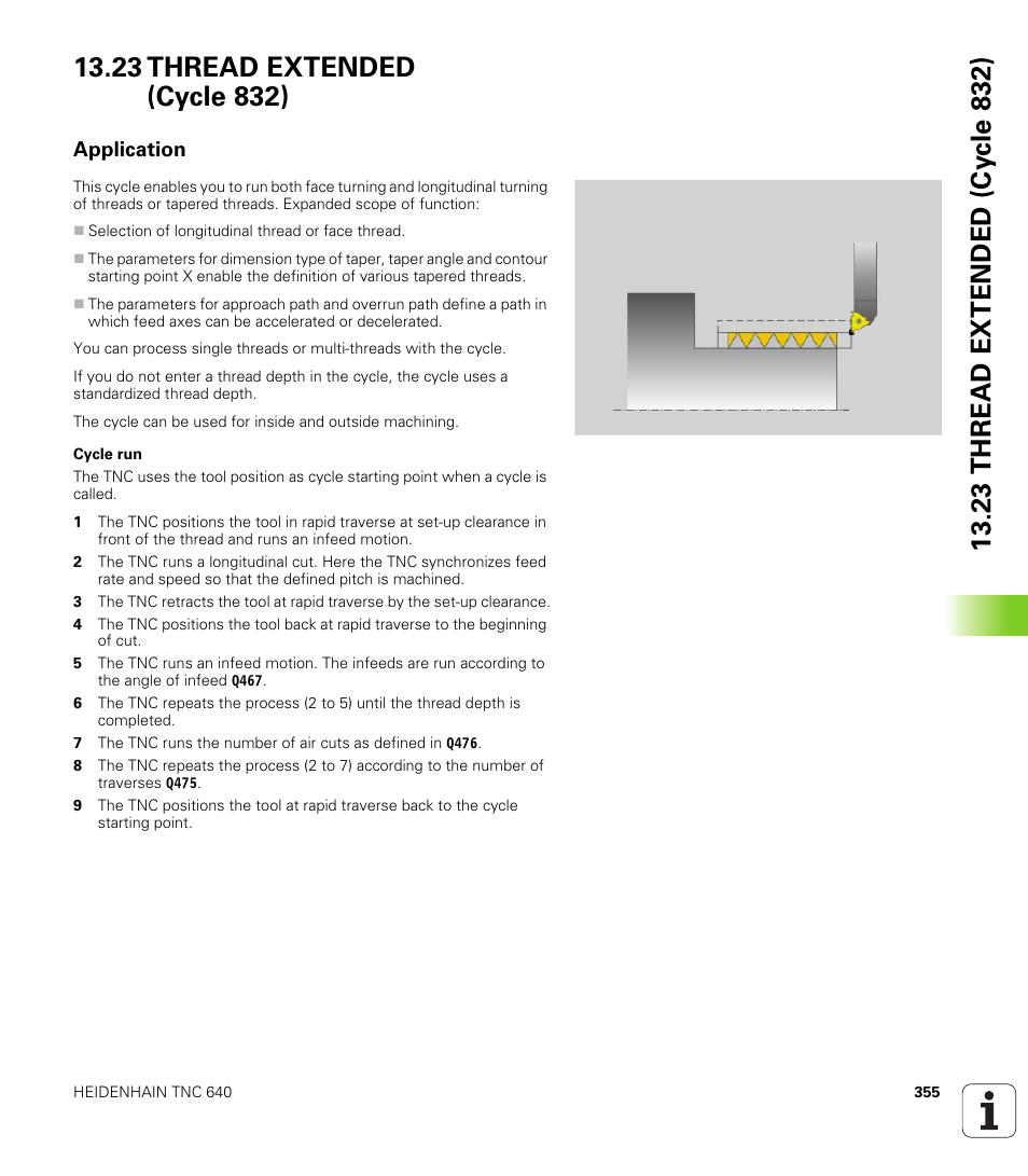 23 thread extended (cycle 832), Application, Thread extended (cycle 832) | HEIDENHAIN TNC 640 (34059x-01) Cycle programming User Manual | Page 355 / 549