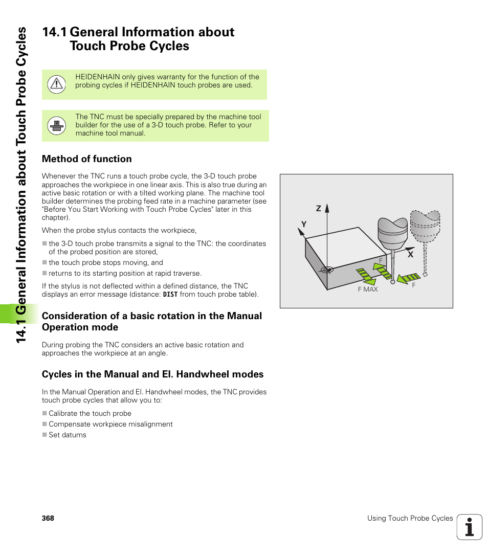 1 general information about touch probe cycles, Method of function, Cycles in the manual and el. handwheel modes | HEIDENHAIN TNC 640 (34059x-01) Cycle programming User Manual | Page 368 / 549