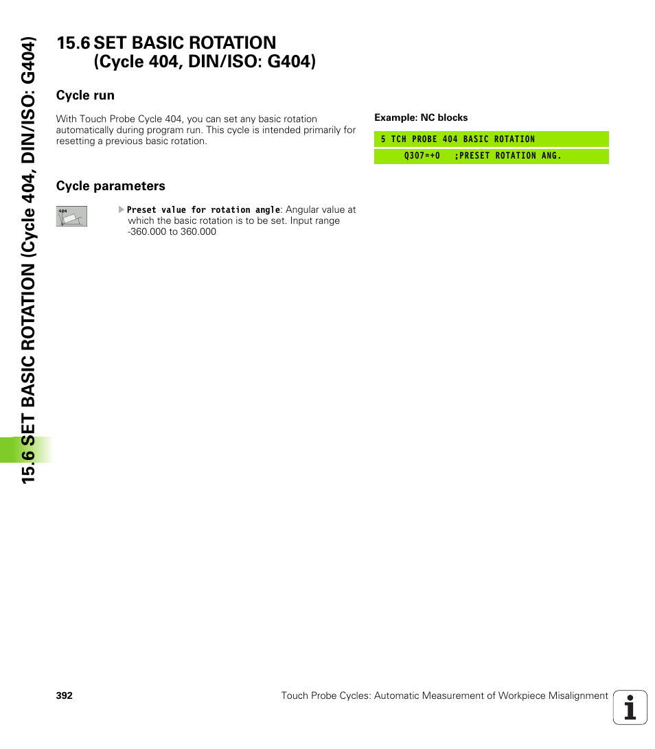 6 set basic rotation (cycle 404, din/iso: g404), Cycle run, Cycle parameters | HEIDENHAIN TNC 640 (34059x-01) Cycle programming User Manual | Page 392 / 549