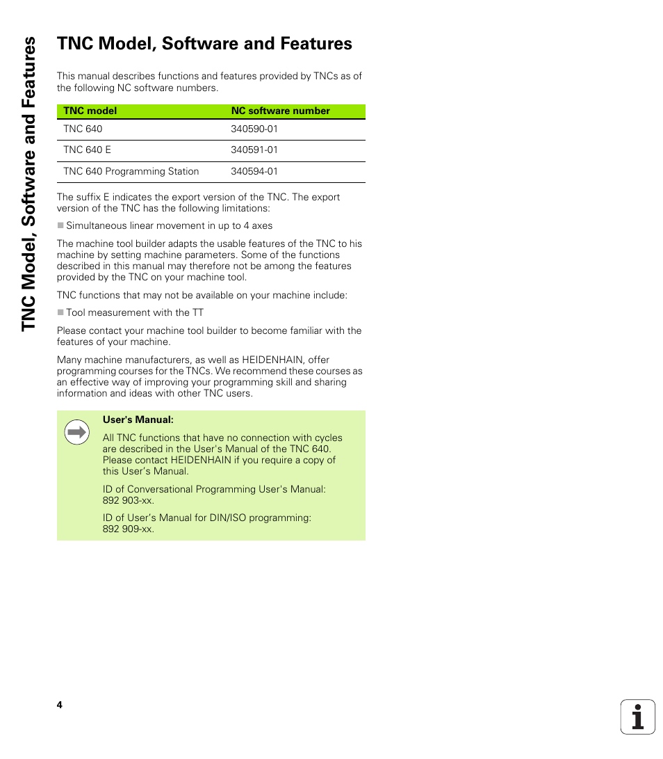 Tnc model, software and features | HEIDENHAIN TNC 640 (34059x-01) Cycle programming User Manual | Page 4 / 549