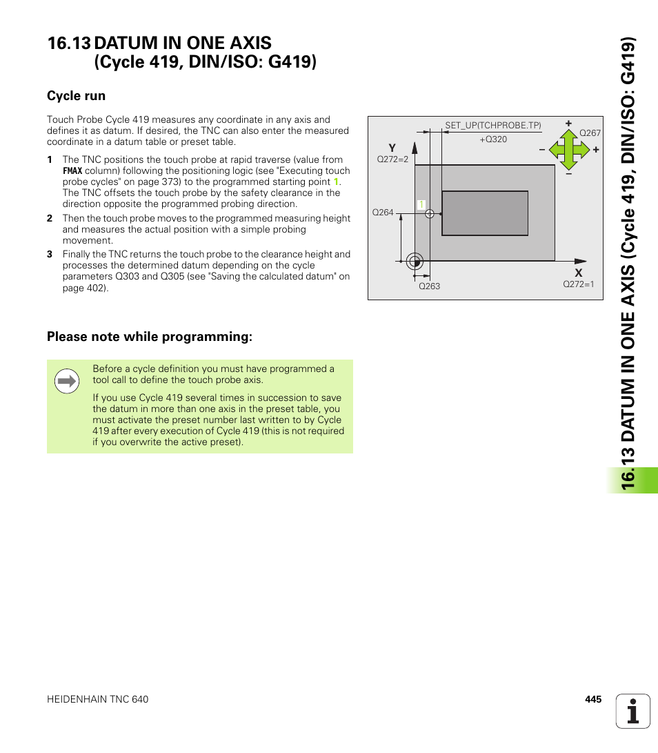 13 datum in one axis (cycle 419, din/iso: g419), Cycle run, Please note while programming | HEIDENHAIN TNC 640 (34059x-01) Cycle programming User Manual | Page 445 / 549