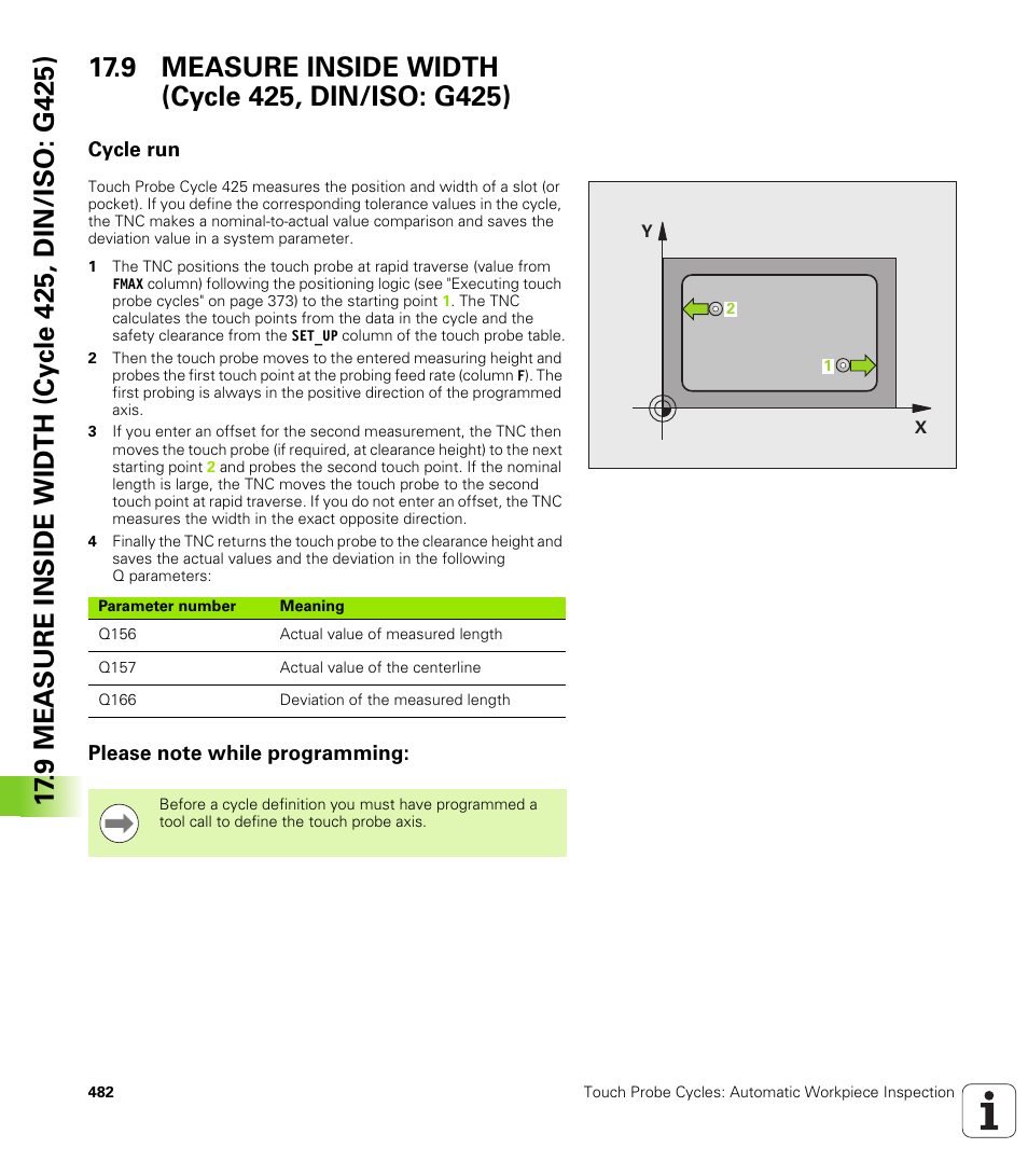 9 measure inside width (cycle 425, din/iso: g425), Cycle run, Please note while programming | HEIDENHAIN TNC 640 (34059x-01) Cycle programming User Manual | Page 482 / 549