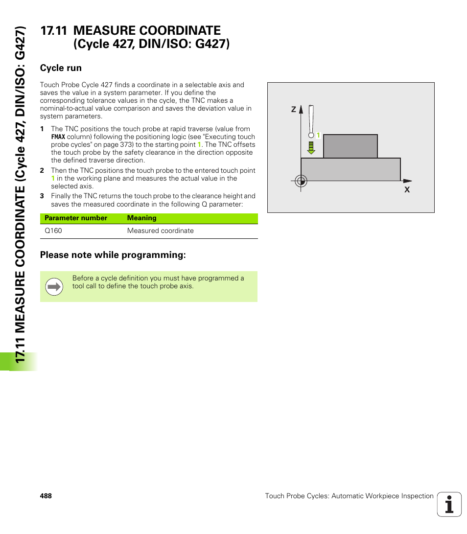 11 measure coordinate (cycle 427, din/iso: g427), Cycle run, Please note while programming | HEIDENHAIN TNC 640 (34059x-01) Cycle programming User Manual | Page 488 / 549