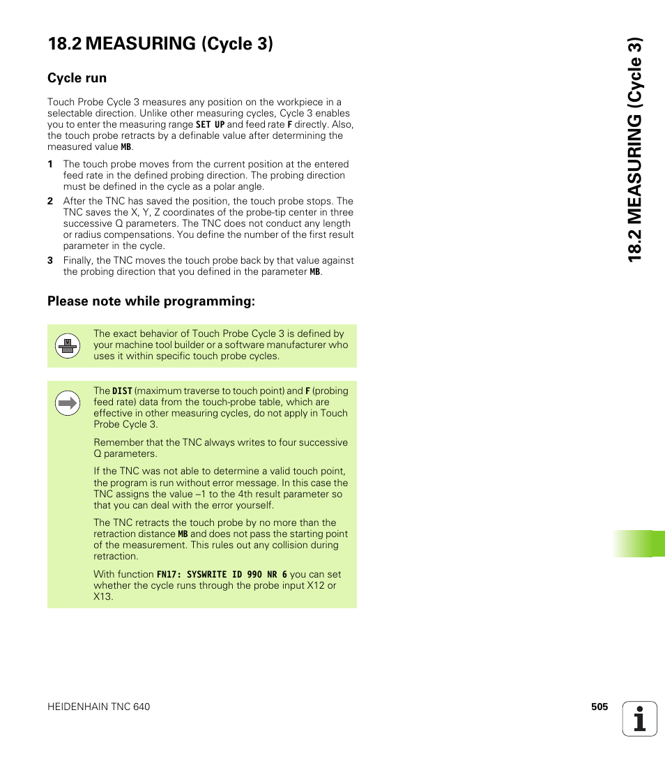 2 measuring (cycle 3), Cycle run, Please note while programming | HEIDENHAIN TNC 640 (34059x-01) Cycle programming User Manual | Page 505 / 549