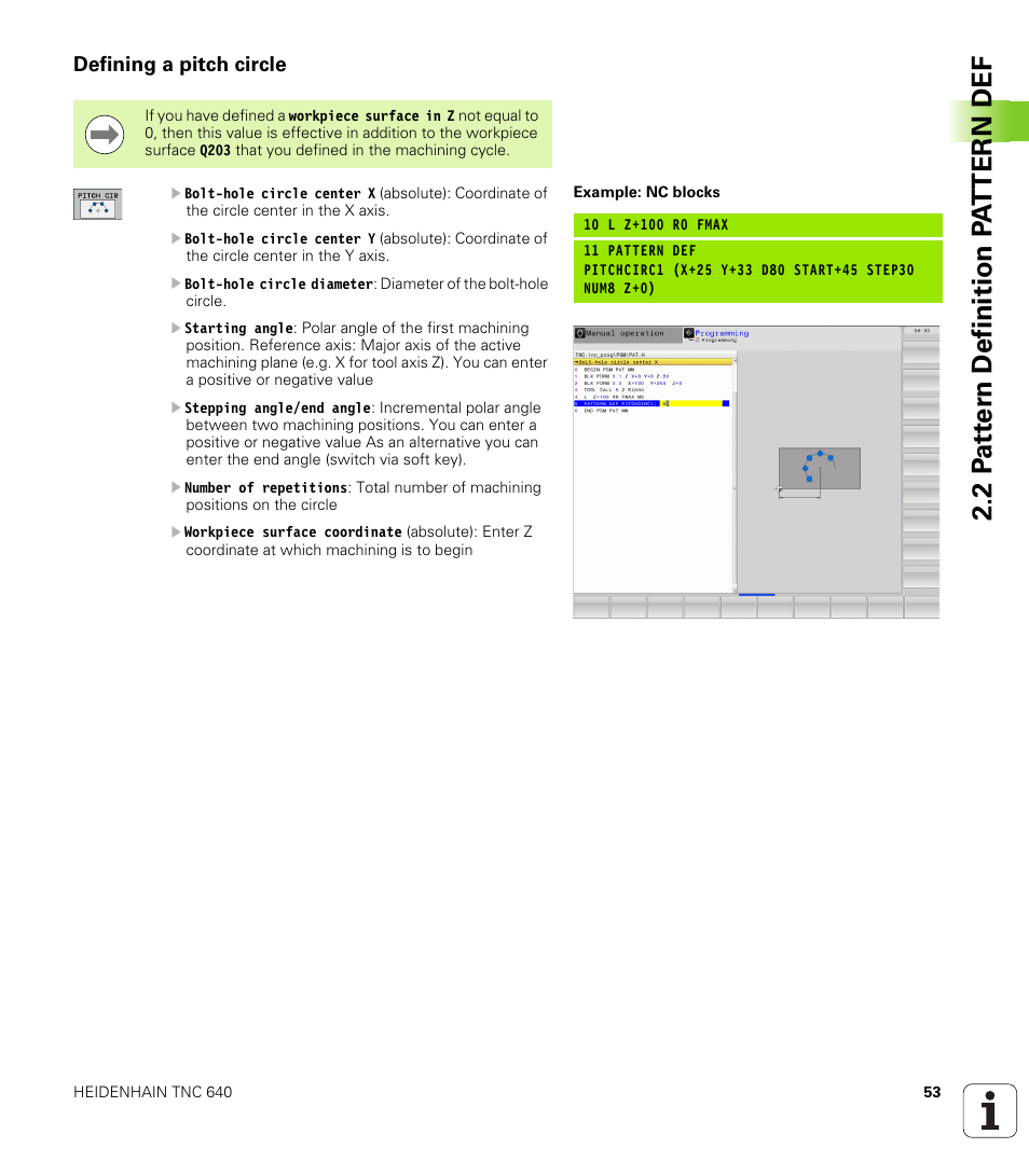 Defining a pitch circle | HEIDENHAIN TNC 640 (34059x-01) Cycle programming User Manual | Page 53 / 549