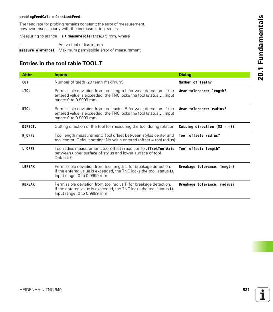 Entries in the tool table tool.t, 1 f undamentals | HEIDENHAIN TNC 640 (34059x-01) Cycle programming User Manual | Page 531 / 549