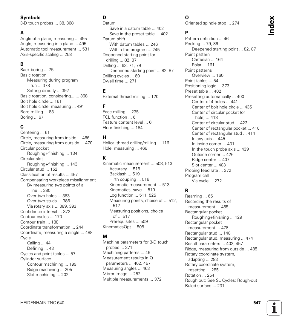 Index | HEIDENHAIN TNC 640 (34059x-01) Cycle programming User Manual | Page 547 / 549