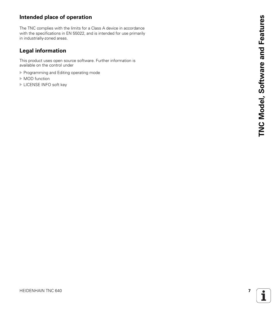 Intended place of operation, Legal information, Tnc model, sof tw a re and f eat ur es | HEIDENHAIN TNC 640 (34059x-01) Cycle programming User Manual | Page 7 / 549