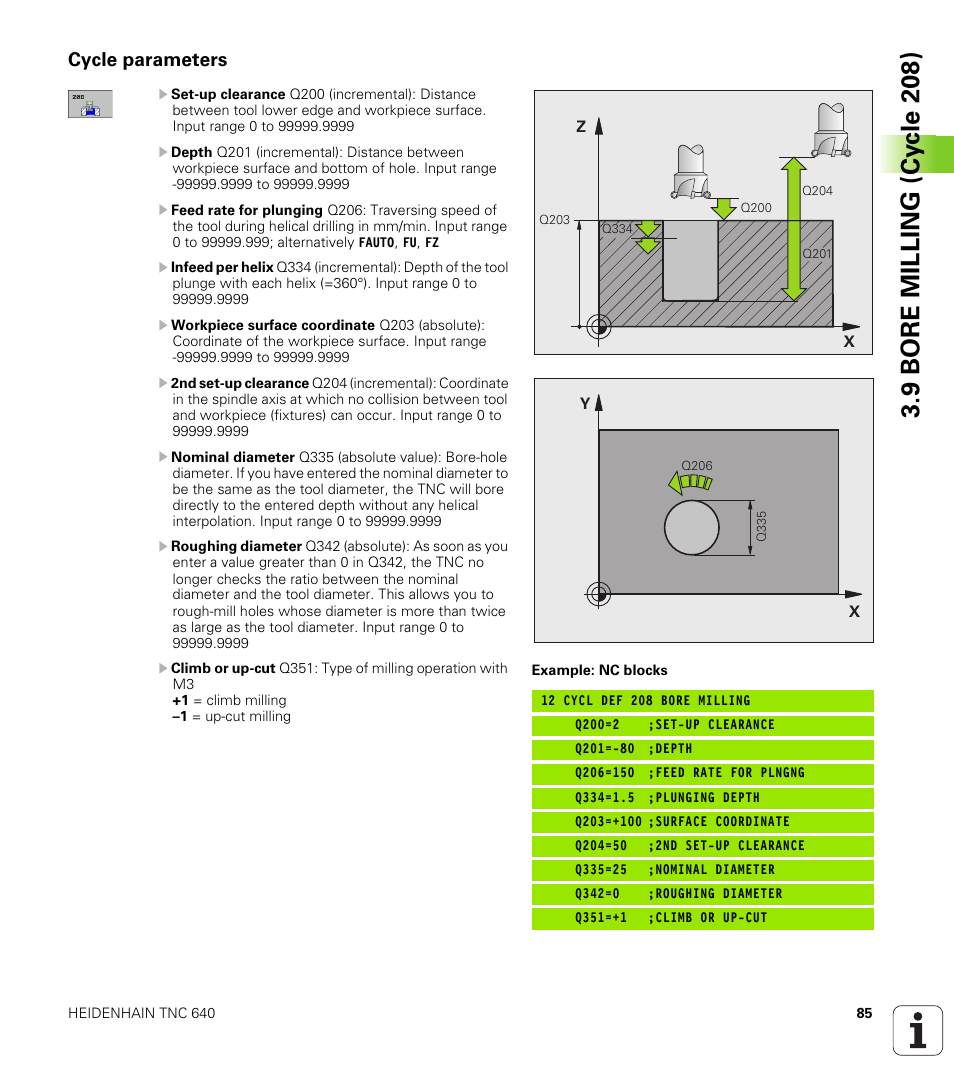 Cycle parameters, 9 bore milling (cy c le 208) | HEIDENHAIN TNC 640 (34059x-01) Cycle programming User Manual | Page 85 / 549