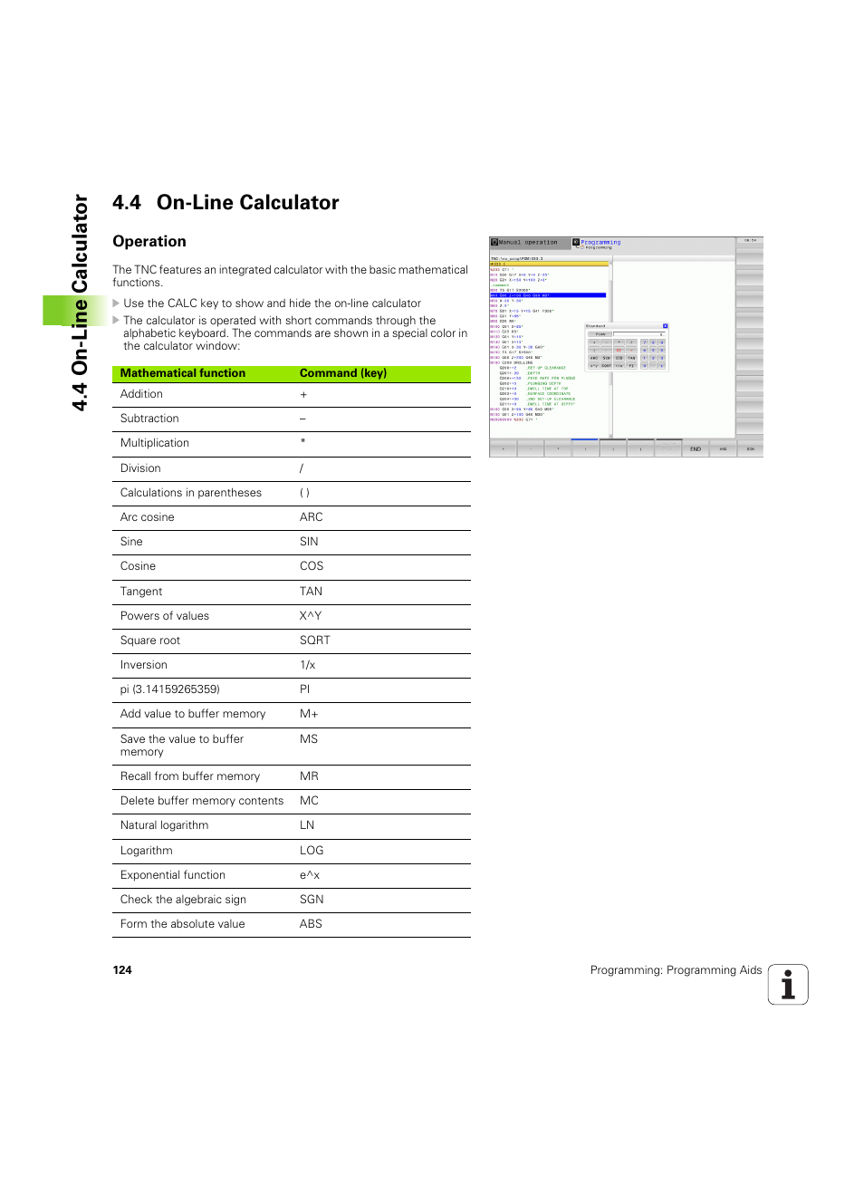 4 on-line calculator, Operation, 4 on-line calculat or 4.4 on-line calculator | HEIDENHAIN TNC 640 (34059x-01) ISO programming User Manual | Page 124 / 519